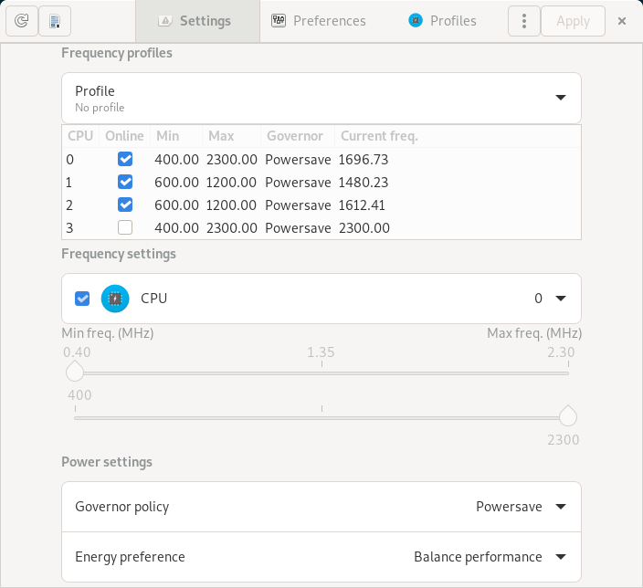 CPU frequency settings